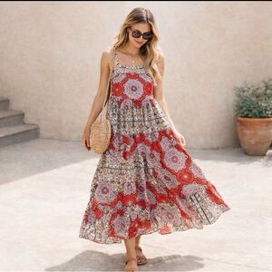 Boho Red Floral Tiered Maxi Dress
